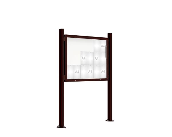 Schaukasten 2000 mit Quatro-Pfosten Farbe:RAL 8017|Abmessungen:18 A4 - B 1350 x H 1000 mm - Klapptür|Pfosten:Pfosten-Set auf Bodenplatten - Ohne Titelleiste