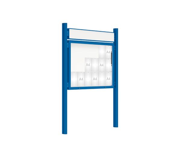 Schaukasten 2000 mit Quatro-Pfosten Farbe:RAL 5010|Abmessungen:18 A4 - B 1350 x H 1000 mm - Klapptür|Pfosten:Pfosten-Set zum Einbetonieren - Mit Titelleiste