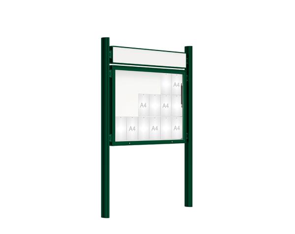 Schaukasten 2000 mit Quatro-Pfosten Farbe:RAL 6005|Abmessungen:18 A4 - B 1350 x H 1000 mm - Klapptür|Pfosten:Pfosten-Set zum Einbetonieren - Mit Titelleiste