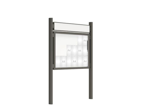 Schaukasten 2000 mit Quatro-Pfosten Farbe:Procity grau|Abmessungen:18 A4 - B 1350 x H 1000 mm - Klapptür|Pfosten:Pfosten-Set zum Einbetonieren - Mit Titelleiste