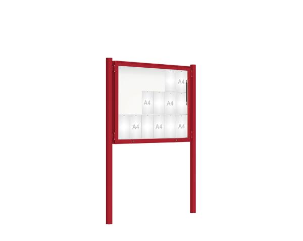 Schaukasten 2000 mit Pfosten Ø 76 mm Farbe:RAL 3004|Abmessungen:18 A4 - B 1350 x H 1000 mm - Klapptür|Pfosten:Pfosten-Set zum Einbetonieren - Ohne Titelleiste