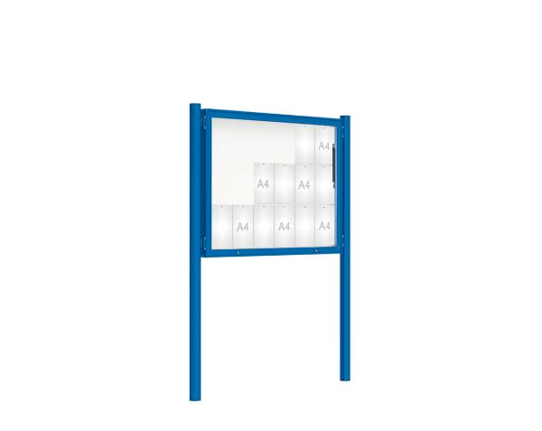 Schaukasten 2000 mit Pfosten Ø 76 mm Farbe:RAL 5010|Abmessungen:18 A4 - B 1350 x H 1000 mm - Klapptür|Pfosten:Pfosten-Set zum Einbetonieren - Ohne Titelleiste