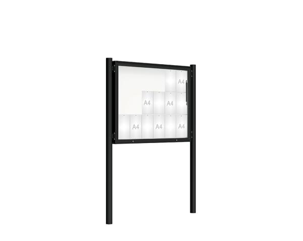 Schaukasten 2000 mit Pfosten Ø 76 mm Farbe:RAL 9005|Abmessungen:18 A4 - B 1350 x H 1000 mm - Klapptür|Pfosten:Pfosten-Set zum Einbetonieren - Ohne Titelleiste