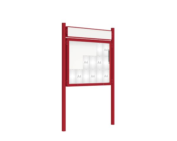 Schaukasten 2000 mit Pfosten Ø 76 mm Farbe:RAL 3004|Abmessungen:18 A4 - B 1350 x H 1000 mm - Klapptür|Pfosten:Pfosten-Set zum Einbetonieren - Mit Titelleiste