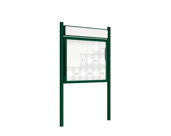 Schaukasten 2000 mit Pfosten Ø 76 mm Farbe:RAL 6005|Abmessungen:18 A4 - B 1350 x H 1000 mm - Klapptür|Pfosten:Pfosten-Set zum Einbetonieren - Mit Titelleiste