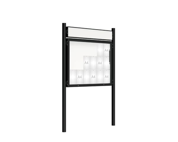Schaukasten 2000 mit Pfosten Ø 76 mm Farbe:RAL 9005|Abmessungen:18 A4 - B 1350 x H 1000 mm - Klapptür|Pfosten:Pfosten-Set zum Einbetonieren - Mit Titelleiste
