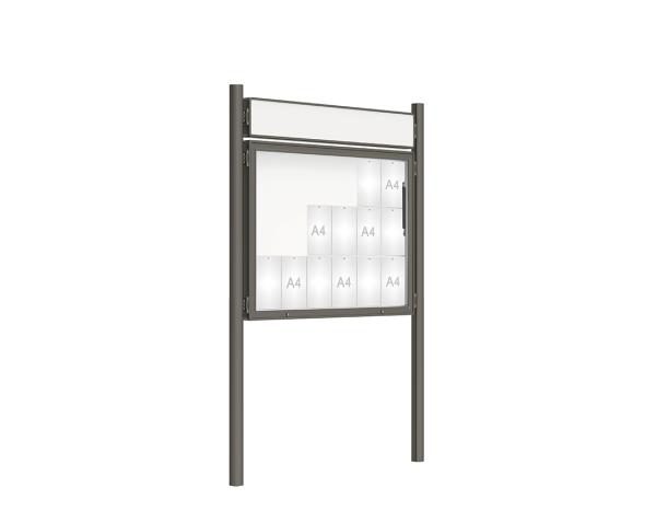 Schaukasten 2000 mit Pfosten Ø 76 mm Farbe:Procity grau|Abmessungen:18 A4 - B 1350 x H 1000 mm - Klapptür|Pfosten:Pfosten-Set zum Einbetonieren - Mit Titelleiste