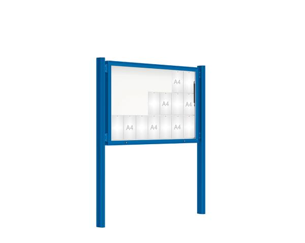 Schaukasten 2000 mit Quatro-Pfosten Farbe:RAL 5010|Abmessungen:21 A4 - B 1600 x H 1000 mm - Klapptür|Pfosten:Pfosten-Set zum Einbetonieren - Ohne Titelleiste