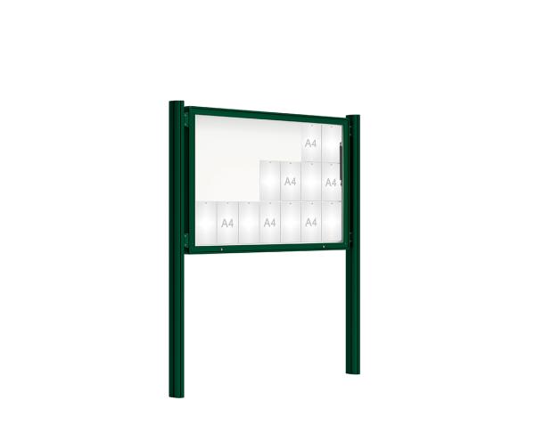 Schaukasten 2000 mit Quatro-Pfosten Farbe:RAL 6005|Abmessungen:21 A4 - B 1600 x H 1000 mm - Klapptür|Pfosten:Pfosten-Set zum Einbetonieren - Ohne Titelleiste