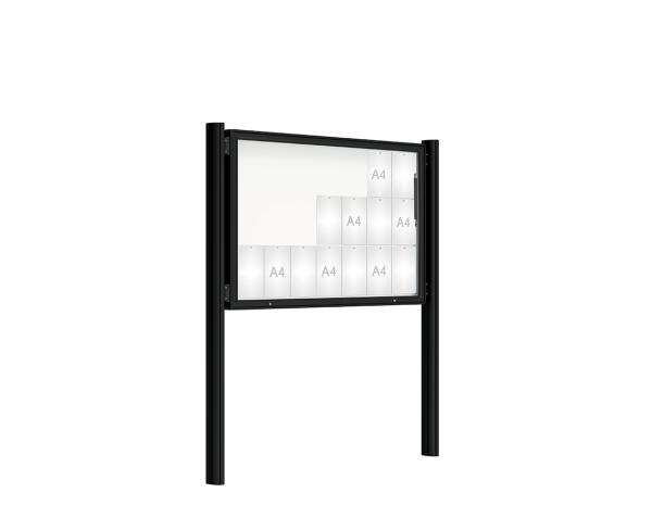 Schaukasten 2000 mit Quatro-Pfosten Farbe:RAL 9005|Abmessungen:21 A4 - B 1600 x H 1000 mm - Klapptür|Pfosten:Pfosten-Set zum Einbetonieren - Ohne Titelleiste