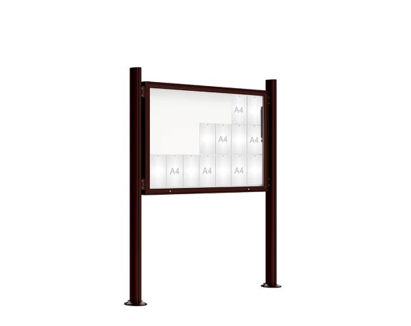 Schaukasten 2000 mit Quatro-Pfosten Farbe:RAL 8017|Abmessungen:21 A4 - B 1600 x H 1000 mm - Klapptür|Pfosten:Pfosten-Set auf Bodenplatten - Ohne Titelleiste