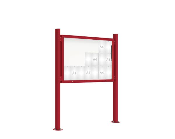 Schaukasten 2000 mit Quatro-Pfosten Farbe:RAL 3004|Abmessungen:21 A4 - B 1600 x H 1000 mm - Klapptür|Pfosten:Mittelpfosten auf Bodenplatte - Ohne Titelleiste