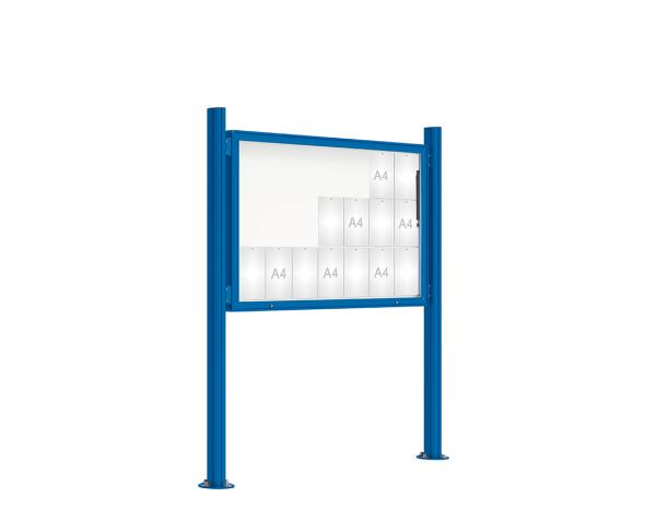 Schaukasten 2000 mit Quatro-Pfosten Farbe:RAL 5010|Abmessungen:21 A4 - B 1600 x H 1000 mm - Klapptür|Pfosten:Mittelpfosten auf Bodenplatte - Ohne Titelleiste