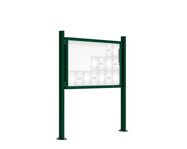 Schaukasten 2000 mit Quatro-Pfosten Farbe:RAL 6005|Abmessungen:21 A4 - B 1600 x H 1000 mm - Klapptür|Pfosten:Mittelpfosten auf Bodenplatte - Ohne Titelleiste