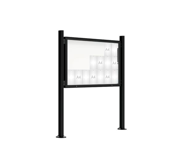 Schaukasten 2000 mit Quatro-Pfosten Farbe:RAL 9005|Abmessungen:21 A4 - B 1600 x H 1000 mm - Klapptür|Pfosten:Mittelpfosten auf Bodenplatte - Ohne Titelleiste