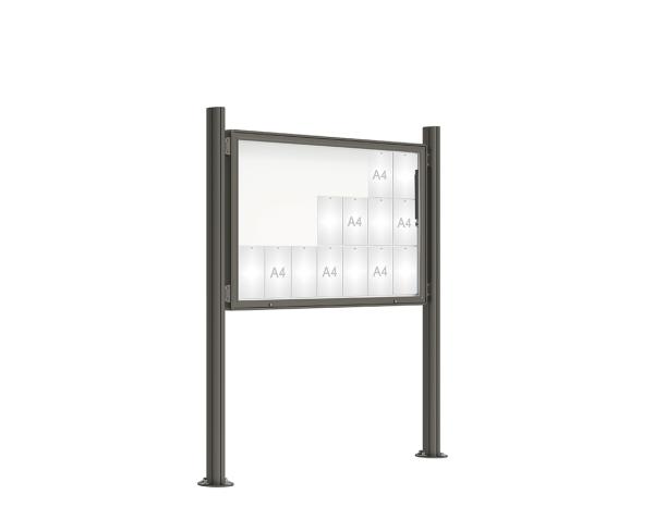 Schaukasten 2000 mit Quatro-Pfosten Farbe:Procity grau|Abmessungen:21 A4 - B 1600 x H 1000 mm - Klapptür|Pfosten:Mittelpfosten auf Bodenplatte - Ohne Titelleiste