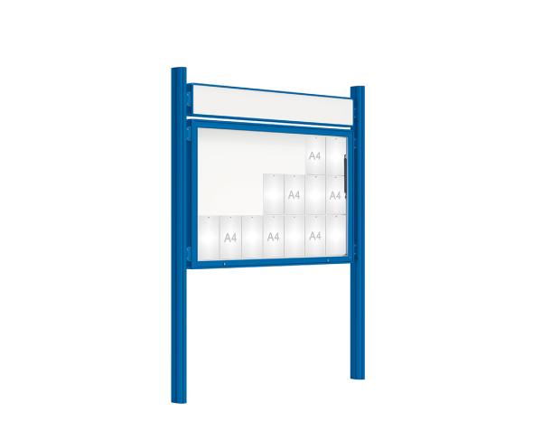 Schaukasten 2000 mit Quatro-Pfosten Farbe:RAL 5010|Abmessungen:21 A4 - B 1600 x H 1000 mm - Klapptür|Pfosten:Pfosten-Set zum Einbetonieren - Mit Titelleiste