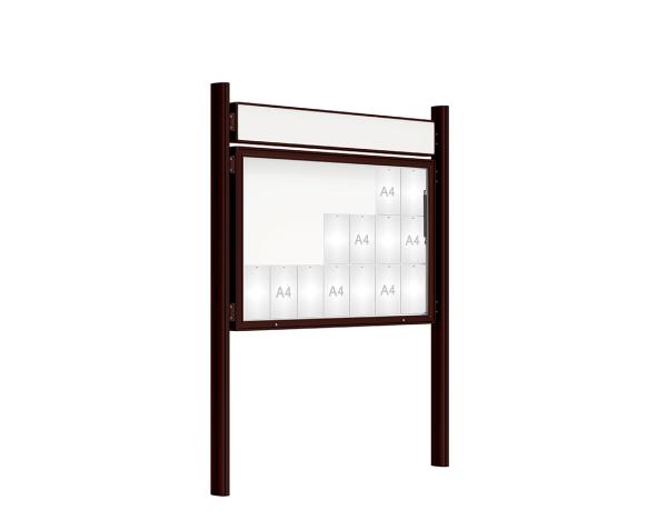 Schaukasten 2000 mit Quatro-Pfosten Farbe:RAL 8017|Abmessungen:21 A4 - B 1600 x H 1000 mm - Klapptür|Pfosten:Pfosten-Set zum Einbetonieren - Mit Titelleiste