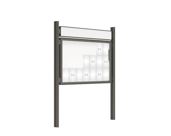 Schaukasten 2000 mit Quatro-Pfosten Farbe:Procity grau|Abmessungen:21 A4 - B 1600 x H 1000 mm - Klapptür|Pfosten:Pfosten-Set zum Einbetonieren - Mit Titelleiste