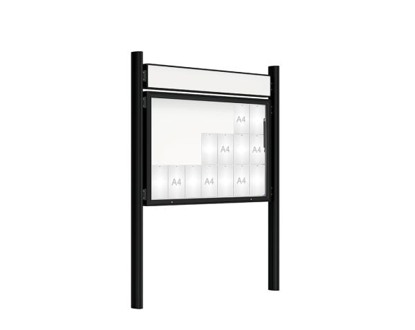 Schaukasten 2000 mit Quatro-Pfosten Farbe:RAL 9005|Abmessungen:21 A4 - B 1600 x H 1000 mm - Klapptür|Pfosten:Mittelpfosten zum Einbetonieren - Mit Titelleiste
