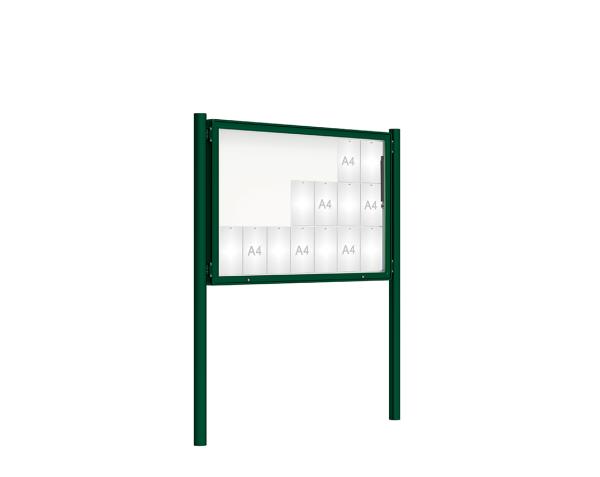 Schaukasten 2000 mit Pfosten Ø 76 mm Farbe:RAL 6005|Abmessungen:21 A4 - B 1600 x H 1000 mm - Klapptür|Pfosten:Pfosten-Set zum Einbetonieren - Ohne Titelleiste