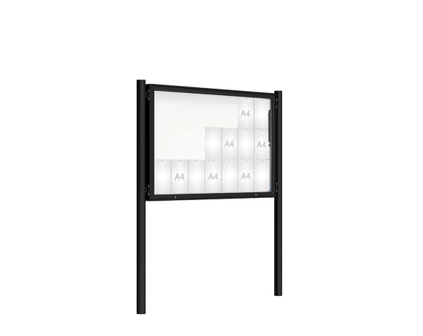 Schaukasten 2000 mit Pfosten Ø 76 mm Farbe:RAL 9005|Abmessungen:21 A4 - B 1600 x H 1000 mm - Klapptür|Pfosten:Pfosten-Set zum Einbetonieren - Ohne Titelleiste