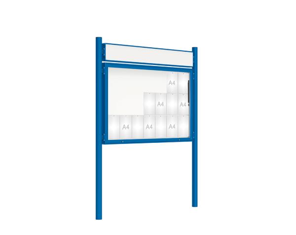 Schaukasten 2000 mit Pfosten Ø 76 mm Farbe:RAL 5010|Abmessungen:21 A4 - B 1600 x H 1000 mm - Klapptür|Pfosten:Pfosten-Set zum Einbetonieren - Mit Titelleiste