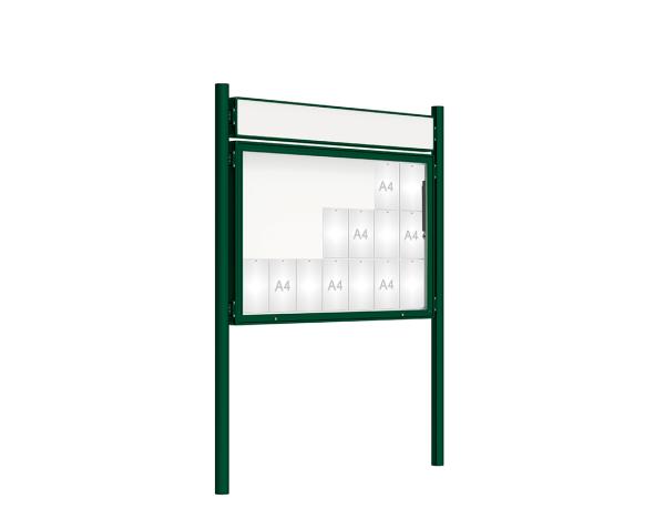 Schaukasten 2000 mit Pfosten Ø 76 mm Farbe:RAL 6005|Abmessungen:21 A4 - B 1600 x H 1000 mm - Klapptür|Pfosten:Pfosten-Set zum Einbetonieren - Mit Titelleiste