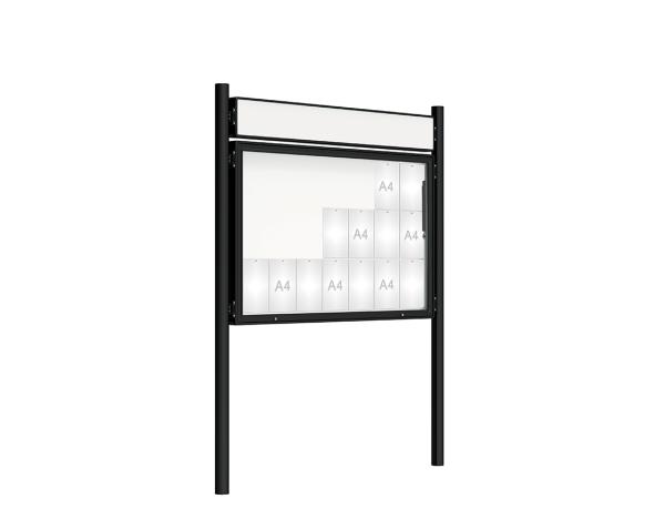 Schaukasten 2000 mit Pfosten Ø 76 mm Farbe:RAL 9005|Abmessungen:21 A4 - B 1600 x H 1000 mm - Klapptür|Pfosten:Pfosten-Set zum Einbetonieren - Mit Titelleiste