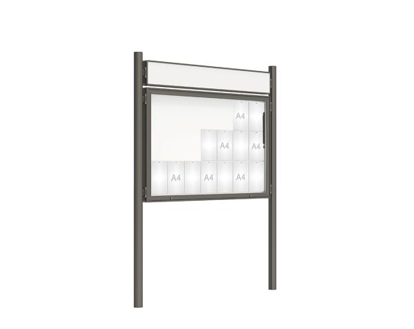 Schaukasten 2000 mit Pfosten Ø 76 mm Farbe:Procity grau|Abmessungen:21 A4 - B 1600 x H 1000 mm - Klapptür|Pfosten:Pfosten-Set zum Einbetonieren - Mit Titelleiste