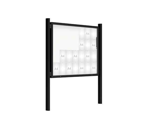 Schaukasten 2000 mit Quatro-Pfosten Farbe:RAL 9005|Abmessungen:28 A4 - B 1710 x 1350 mm - Klapptür|Pfosten:Pfosten-Set zum Einbetonieren - Ohne Titelleiste