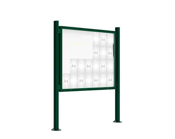 Schaukasten 2000 mit Quatro-Pfosten Farbe:RAL 6005|Abmessungen:28 A4 - B 1710 x 1350 mm - Klapptür|Pfosten:Pfosten-Set auf Bodenplatten - Ohne Titelleiste
