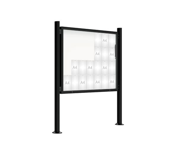 Schaukasten 2000 mit Quatro-Pfosten Farbe:RAL 9005|Abmessungen:28 A4 - B 1710 x 1350 mm - Klapptür|Pfosten:Pfosten-Set auf Bodenplatten - Ohne Titelleiste