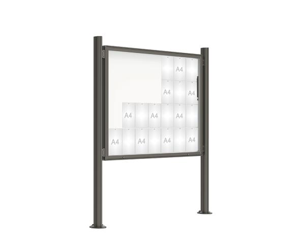 Schaukasten 2000 mit Quatro-Pfosten Farbe:Procity grau|Abmessungen:28 A4 - B 1710 x 1350 mm - Klapptür|Pfosten:Pfosten-Set auf Bodenplatten - Ohne Titelleiste