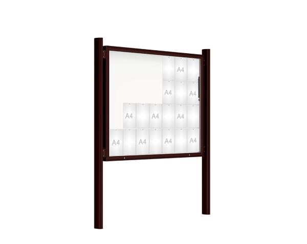 Schaukasten 2000 mit Quatro-Pfosten Farbe:RAL 8017|Abmessungen:28 A4 - B 1710 x 1350 mm - Klapptür|Pfosten:Mittelpfosten zum Einbetonieren - Ohne Titelleiste