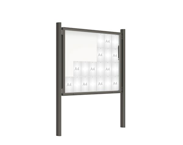 Schaukasten 2000 mit Quatro-Pfosten Farbe:Procity grau|Abmessungen:28 A4 - B 1710 x 1350 mm - Klapptür|Pfosten:Mittelpfosten zum Einbetonieren - Ohne Titelleiste