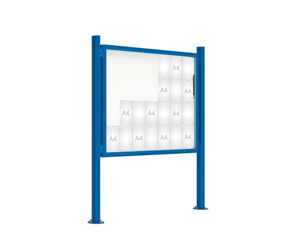 Schaukasten 2000 mit Quatro-Pfosten Farbe:RAL 5010|Abmessungen:28 A4 - B 1710 x 1350 mm - Klapptür|Pfosten:Mittelpfosten auf Bodenplatte - Ohne Titelleiste
