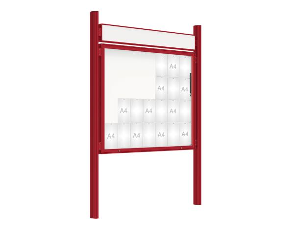 Schaukasten 2000 mit Quatro-Pfosten Farbe:RAL 3004|Abmessungen:28 A4 - B 1710 x 1350 mm - Klapptür|Pfosten:Pfosten-Set zum Einbetonieren - Mit Titelleiste