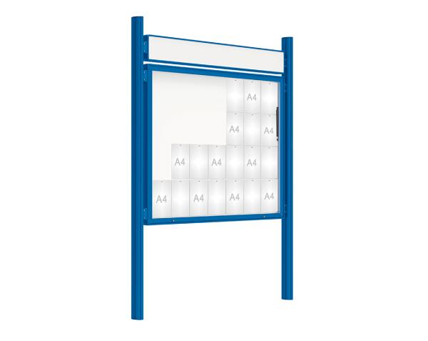 Schaukasten 2000 mit Quatro-Pfosten Farbe:RAL 5010|Abmessungen:28 A4 - B 1710 x 1350 mm - Klapptür|Pfosten:Pfosten-Set zum Einbetonieren - Mit Titelleiste