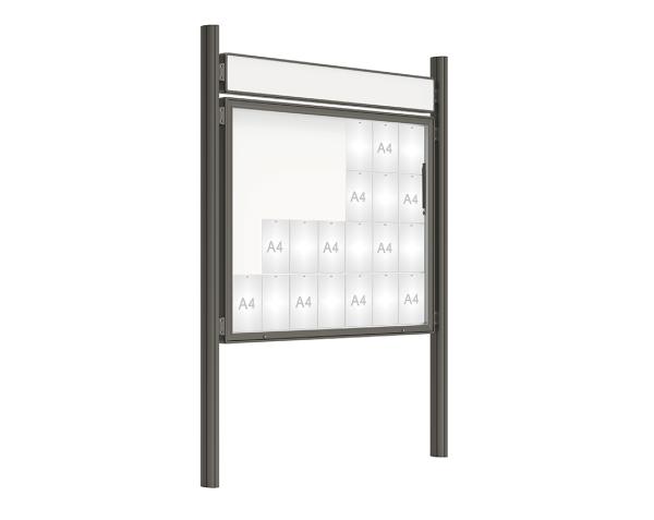 Schaukasten 2000 mit Quatro-Pfosten Farbe:Procity grau|Abmessungen:28 A4 - B 1710 x 1350 mm - Klapptür|Pfosten:Pfosten-Set zum Einbetonieren - Mit Titelleiste