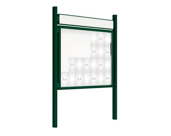 Schaukasten 2000 mit Quatro-Pfosten Farbe:RAL 6005|Abmessungen:28 A4 - B 1710 x 1350 mm - Klapptür|Pfosten:Mittelpfosten zum Einbetonieren - Mit Titelleiste