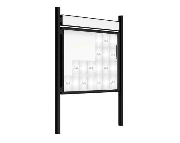 Schaukasten 2000 mit Quatro-Pfosten Farbe:RAL 9005|Abmessungen:28 A4 - B 1710 x 1350 mm - Klapptür|Pfosten:Mittelpfosten zum Einbetonieren - Mit Titelleiste
