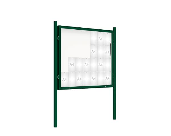 Schaukasten 2000 mit Pfosten Ø 76 mm Farbe:RAL 6005|Abmessungen:28 A4 - B 1710 x 1350 mm - Klapptür|Pfosten:Pfosten-Set zum Einbetonieren - Ohne Titelleiste