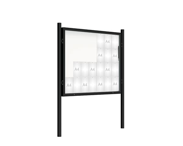 Schaukasten 2000 mit Pfosten Ø 76 mm Farbe:RAL 9005|Abmessungen:28 A4 - B 1710 x 1350 mm - Klapptür|Pfosten:Pfosten-Set zum Einbetonieren - Ohne Titelleiste