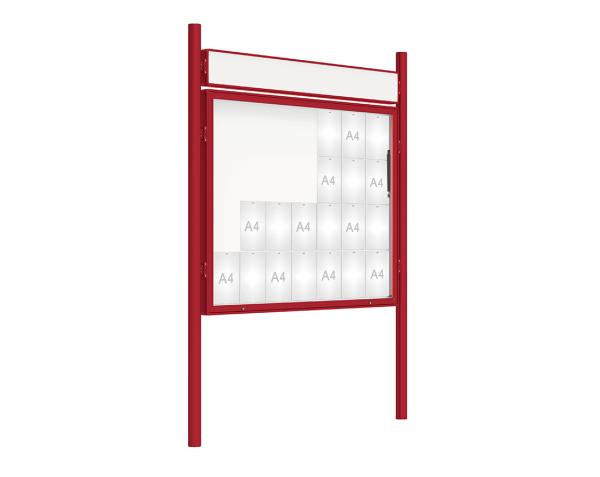Schaukasten 2000 mit Pfosten Ø 76 mm Farbe:RAL 3004|Abmessungen:28 A4 - B 1710 x 1350 mm - Klapptür|Pfosten:Pfosten-Set zum Einbetonieren - Mit Titelleiste