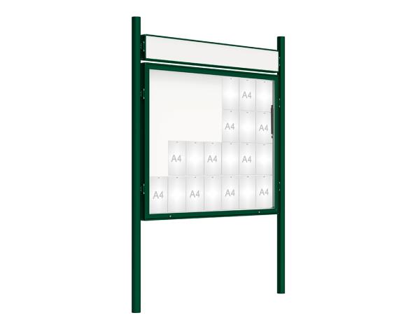 Schaukasten 2000 mit Pfosten Ø 76 mm Farbe:RAL 6005|Abmessungen:28 A4 - B 1710 x 1350 mm - Klapptür|Pfosten:Pfosten-Set zum Einbetonieren - Mit Titelleiste