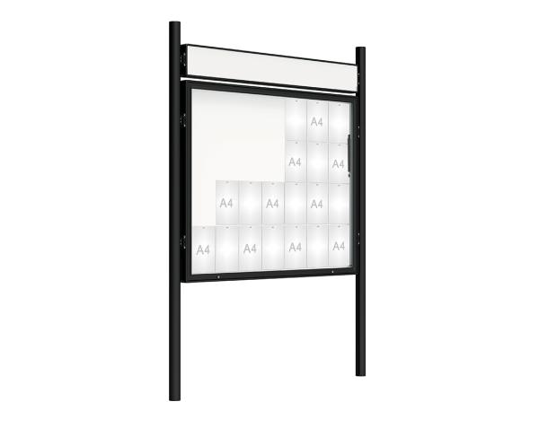 Schaukasten 2000 mit Pfosten Ø 76 mm Farbe:RAL 9005|Abmessungen:28 A4 - B 1710 x 1350 mm - Klapptür|Pfosten:Pfosten-Set zum Einbetonieren - Mit Titelleiste