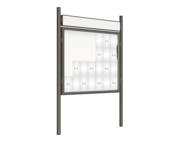 Schaukasten 2000 mit Pfosten Ø 76 mm Farbe:Procity grau|Abmessungen:28 A4 - B 1710 x 1350 mm - Klapptür|Pfosten:Pfosten-Set zum Einbetonieren - Mit Titelleiste