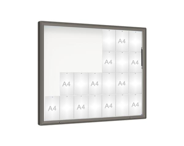 Schaukasten 2000 Farbe:Procity grau|Verglasung:Plexichocs|Abmessungen:28 A4 - B 1710 x H 1350 mm