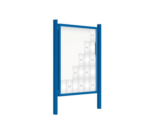 Schaukasten 2000 mit Quatro-Pfosten Farbe:RAL 5010|Abmessungen:30 A4 - B 1350 x 1710 mm - Klapptür|Pfosten:Pfosten-Set zum Einbetonieren - Ohne Titelleiste